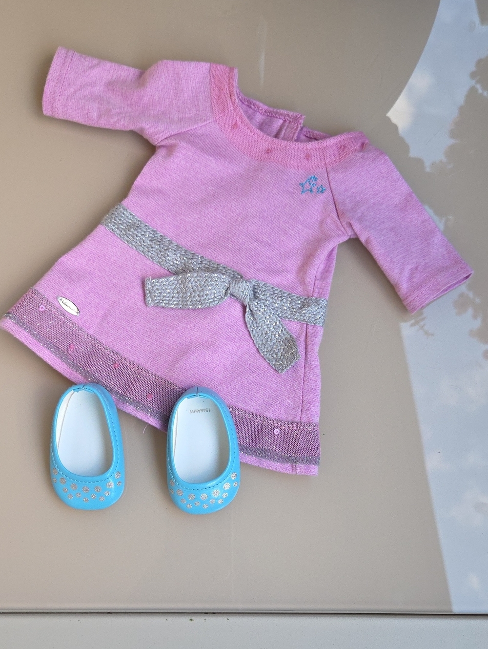 American Girl Pink Knit Dress with Silver Belt and Blue Doll Shoes